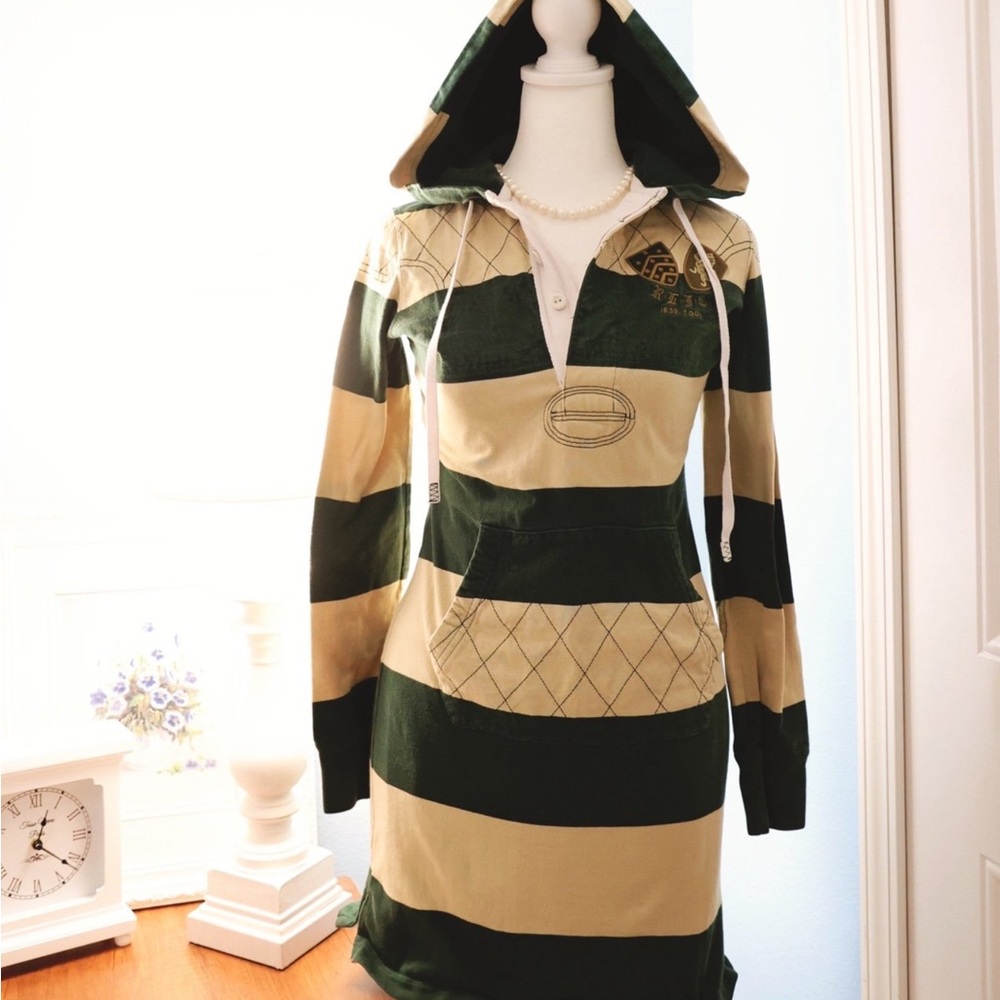 Ralph Lauren Hooded Rugby Stripe Dress in Green and Tan